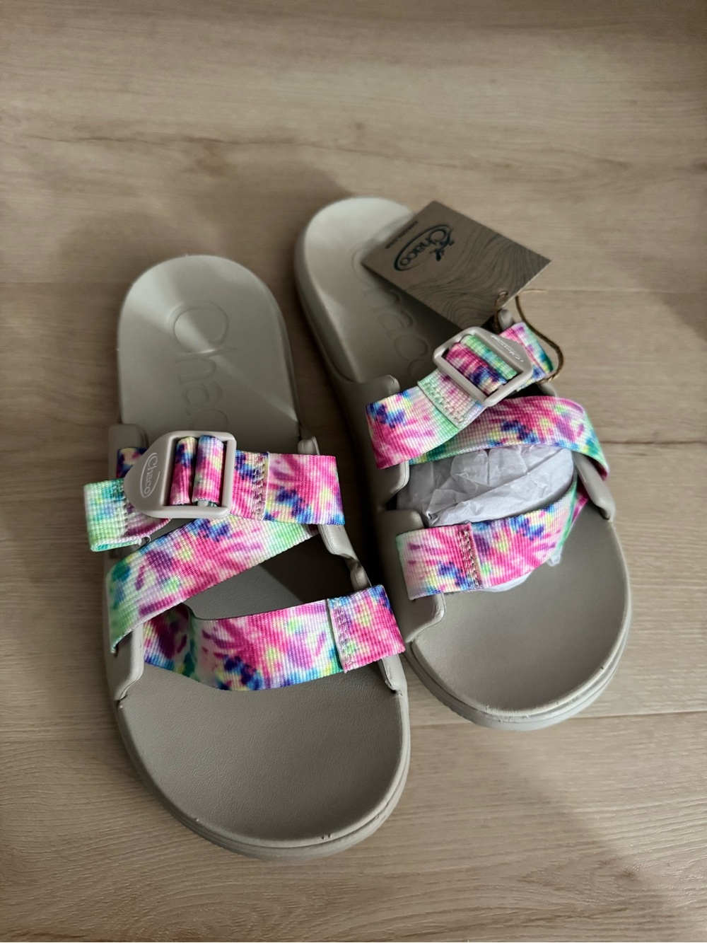 Chaco Multicolor Tie-Dye Strap Slide Sandals in Beige Footbed
